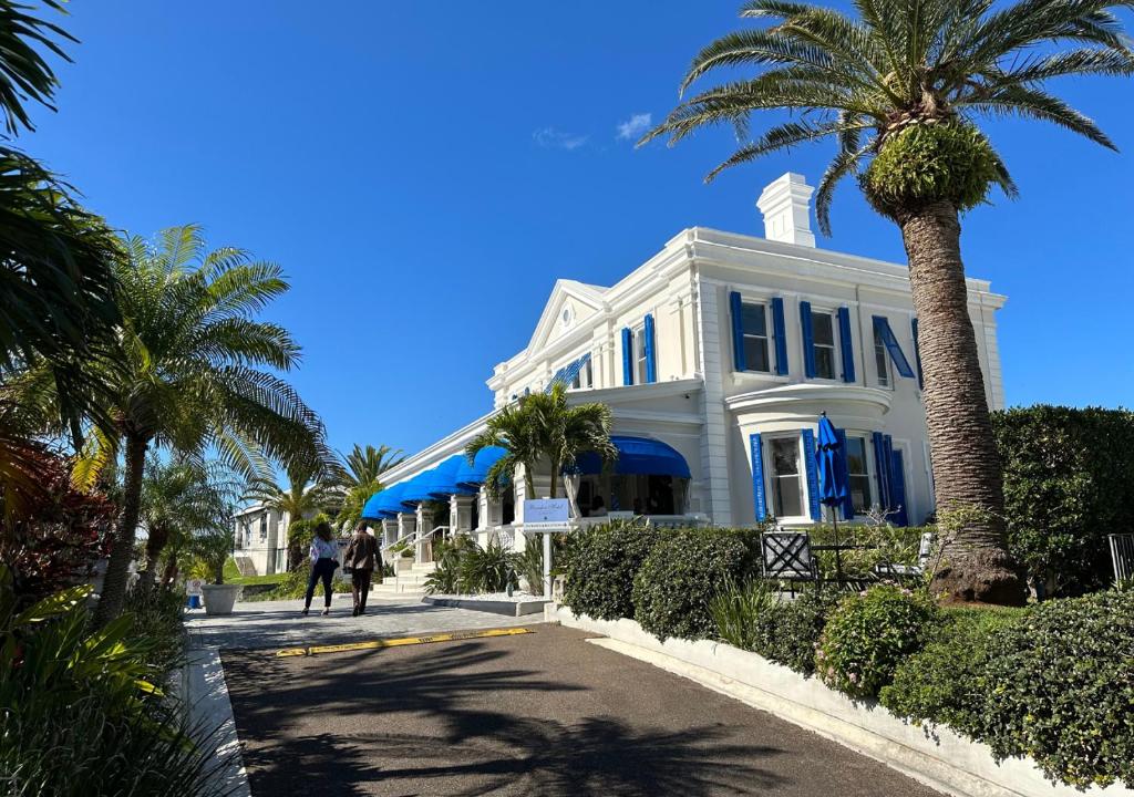 a white house with palm trees in front of it at Rosedon in Hamilton