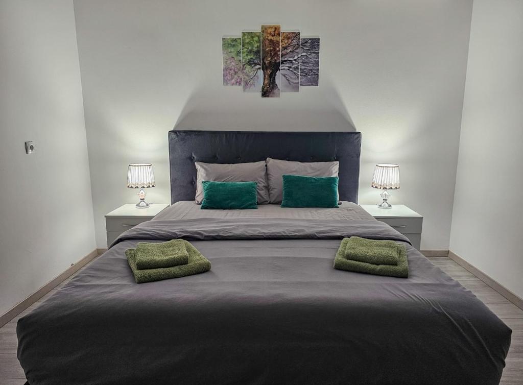 una camera da letto con un grande letto con due cuscini verdi di SLEEP & GO a Surčin