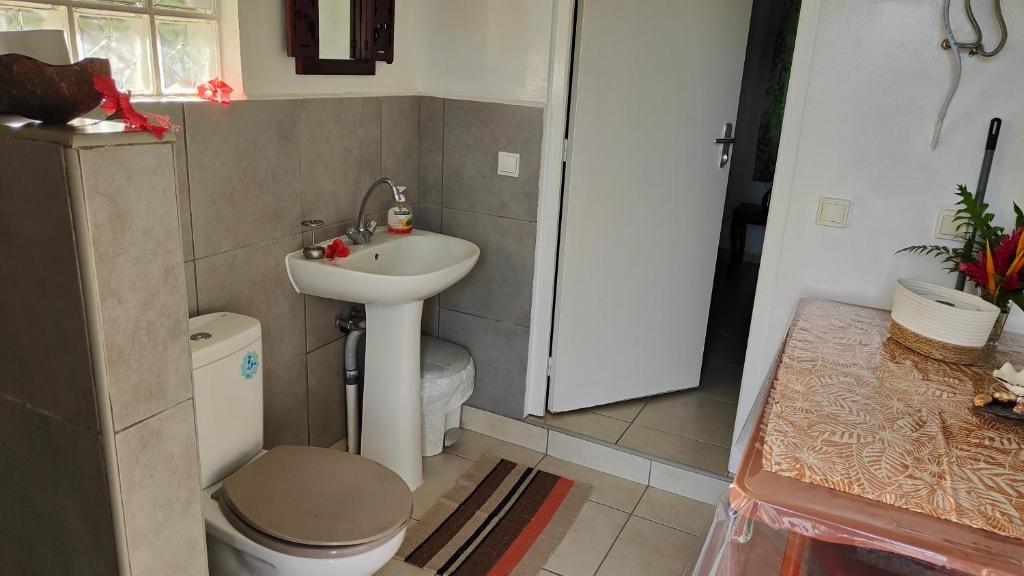 een kleine badkamer met een wastafel en een toilet bij TIVA PERL LODGE TAHAA in Tiva