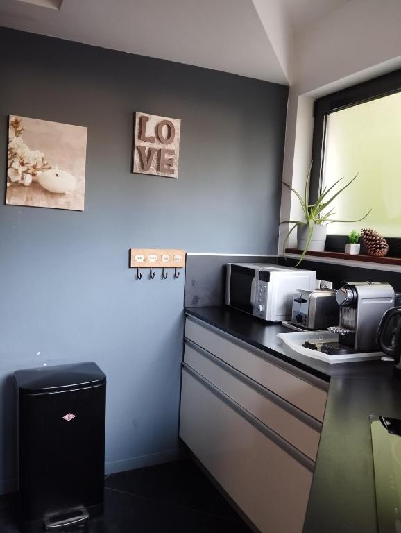a kitchen with a black counter top with a microwave at VILLA KB&#39;HOME in Le Touquet-Paris-Plage