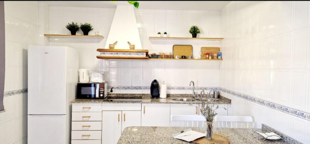 cocina blanca con fregadero y nevera en Apartamento Casa Tambo, Campelo, en Pontevedra