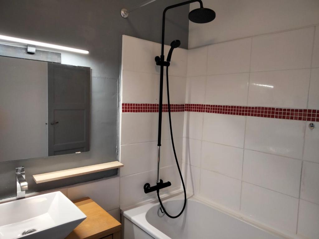 uma casa de banho com um chuveiro e um lavatório. em Maison proche du centre ville em Cosne-Cours-sur-Loire