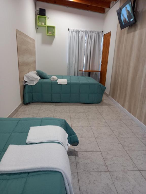 a living room with a green couch and a tv at Santa Rosa LA PAMPA in Santa Rosa