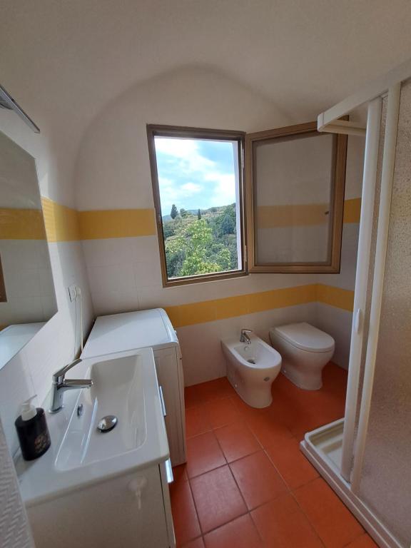 baño con lavabo y aseo y ventana en Casa del nonno 2, en Tursi