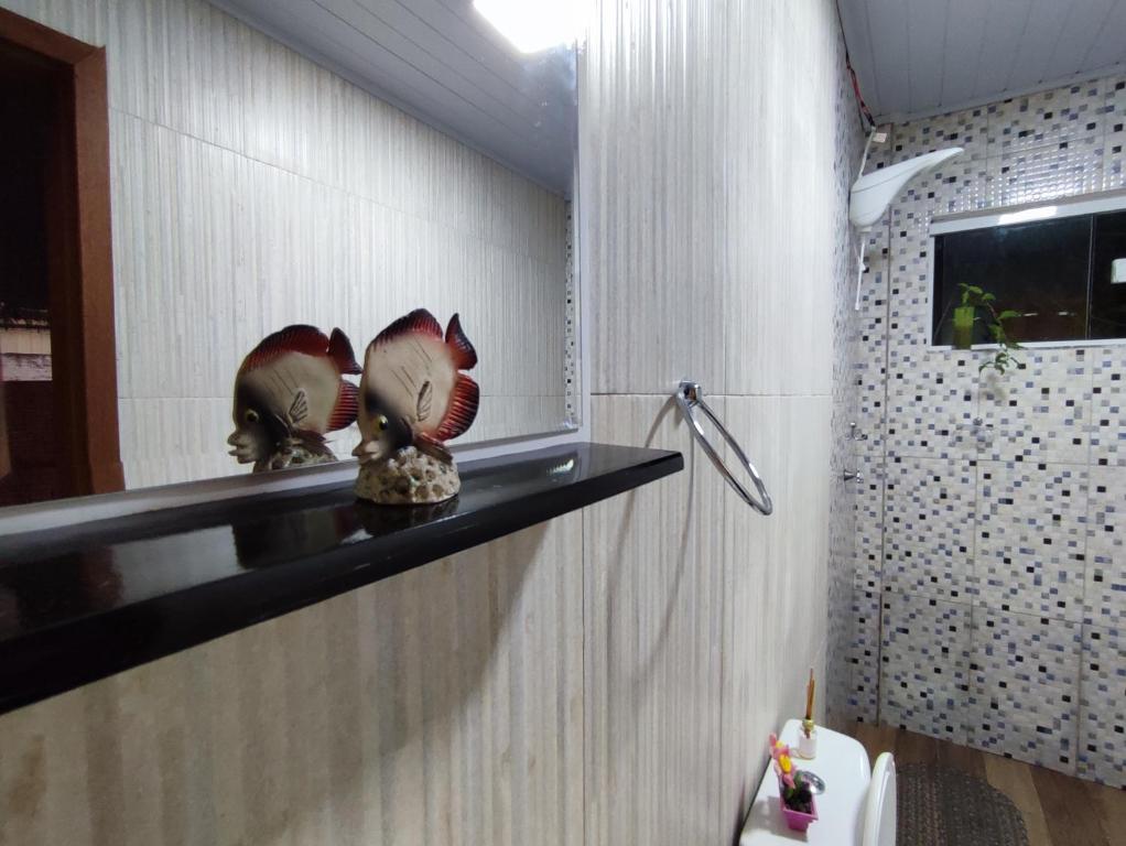 a bathroom with two fish figurines on a shelf at Casa Silvano's II in Foz do Iguaçu