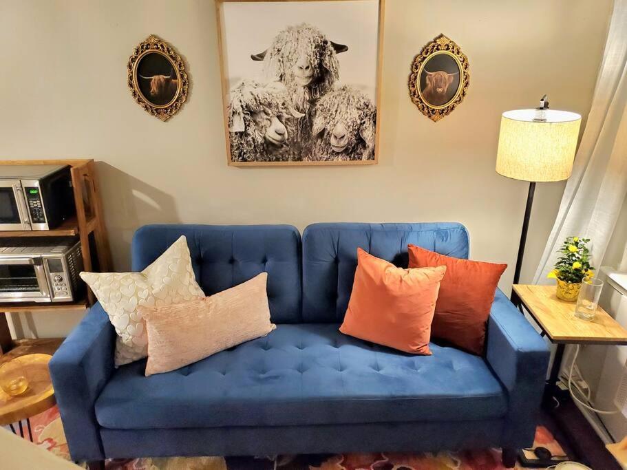 a blue couch with pillows in a living room at Cute tiny-apartment loft near NC State in Raleigh