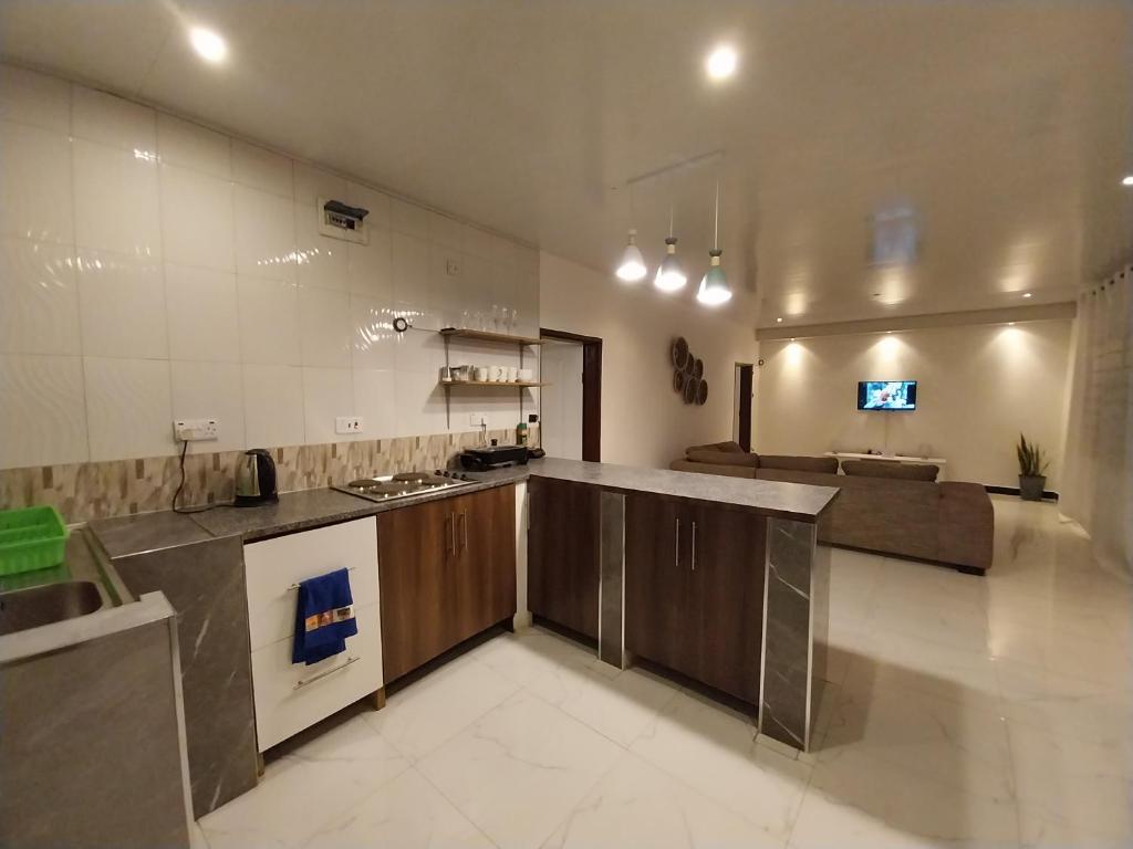 a large kitchen with brown cabinets and a couch at Kasuba Apartments in Livingstone