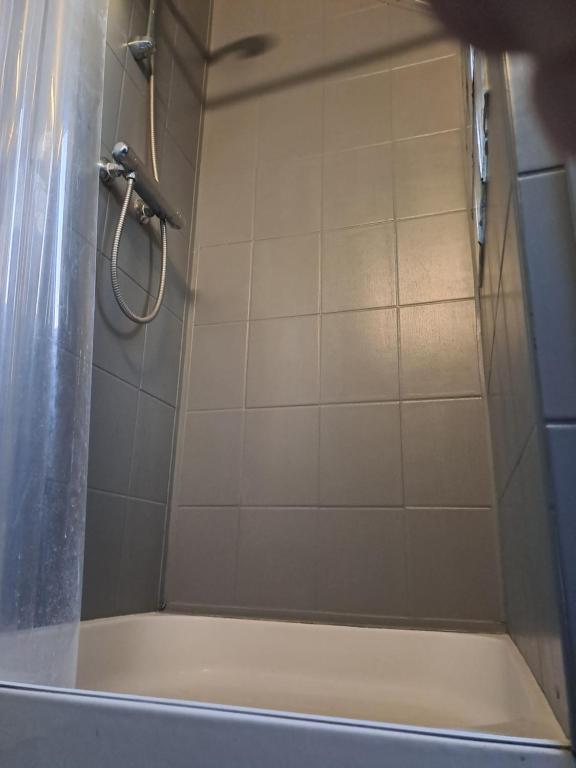 uma casa de banho com chuveiro e cortina de chuveiro em Chambre aux portes du circuit em Mulsanne