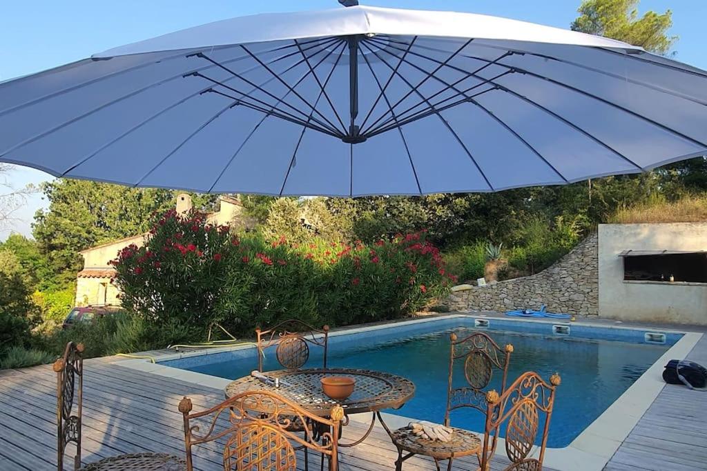 - un parasol bleu sur une table et des chaises à côté de la piscine dans l'établissement Bastide gecko doré, à Cotignac