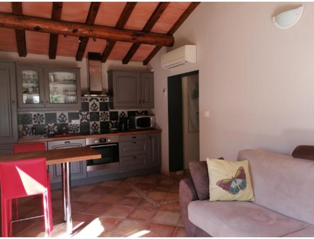 eine Küche und ein Wohnzimmer mit einem Sofa und einem Tisch in der Unterkunft Le gîte d'Anthénéa in Saint-Christol-lès-Alès