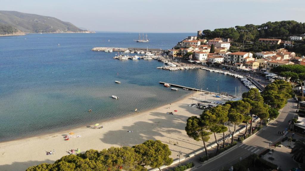 an aerial view of a beach with boats in the water at Appartamenti Olivo - 100 mt dal mare con aria condizionata in Marina di Campo