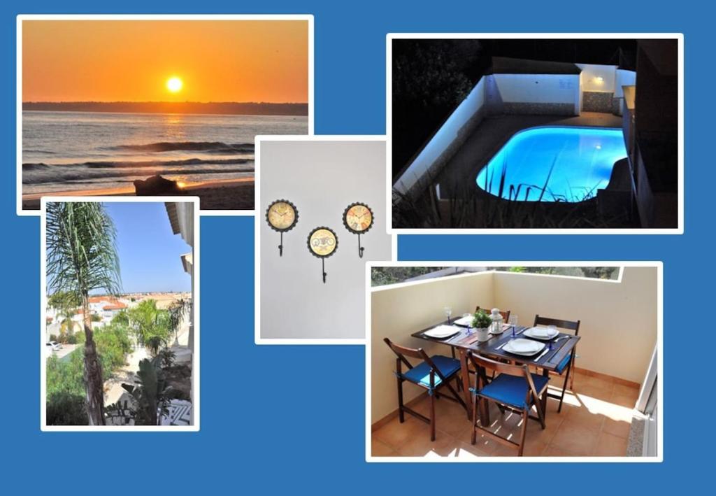 uma colagem de fotos com uma mesa e uma piscina em Sunsetalgarve nas Ferreiras
