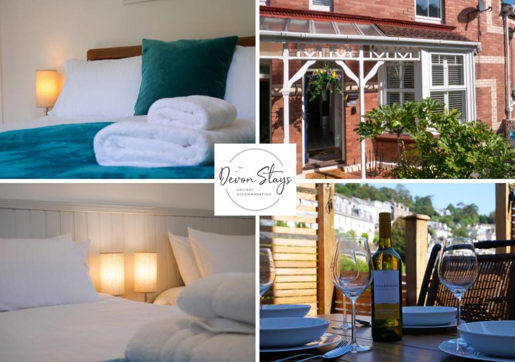 a collage of pictures of a bedroom with a bed and wine glasses at Dunestal Cottage in Dartmouth