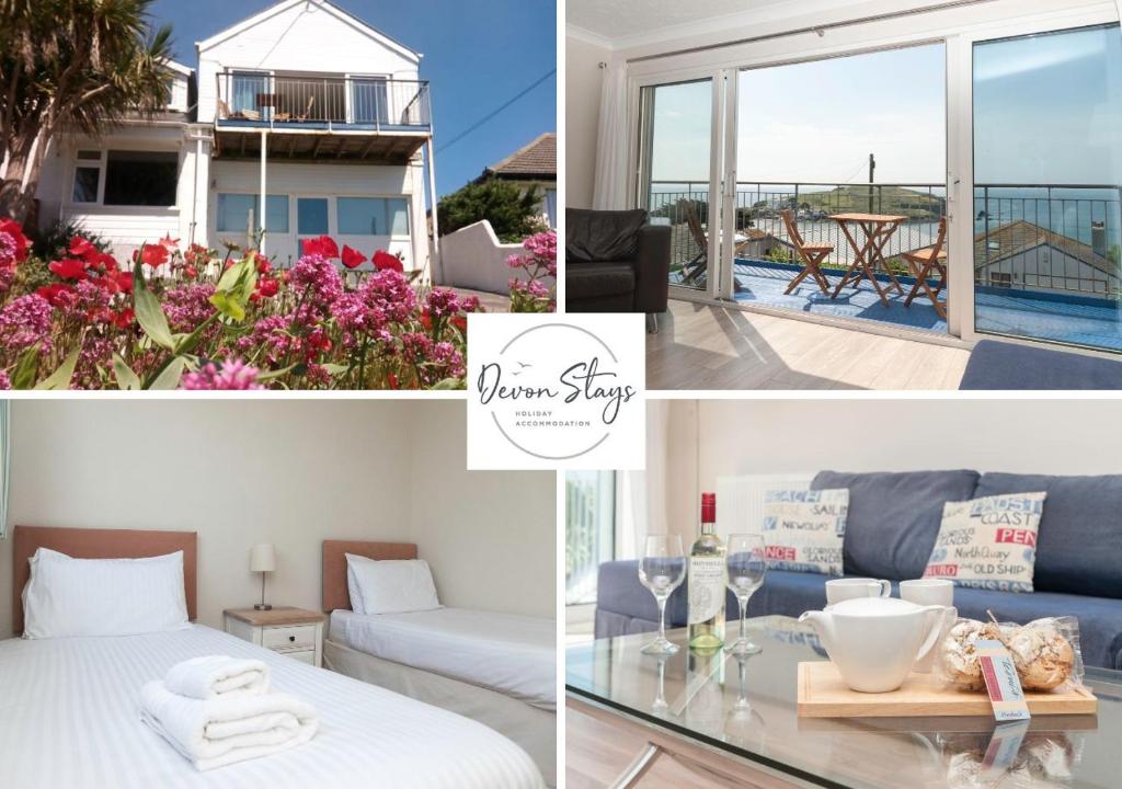 a collage of photos of a room with a view of the ocean at Alpine Cottage in Bigbury on Sea