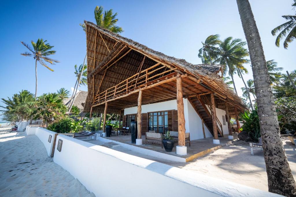 un complejo en la playa con palmeras en Beachfront Turtle House ZanzibarHouses en Kiwengwa