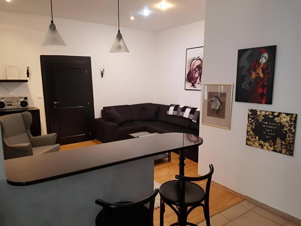 ein Wohnzimmer mit einem Sofa, einem Tisch und Stühlen in der Unterkunft Cozy Apartment in the Middle of Bratislava in Bratislava