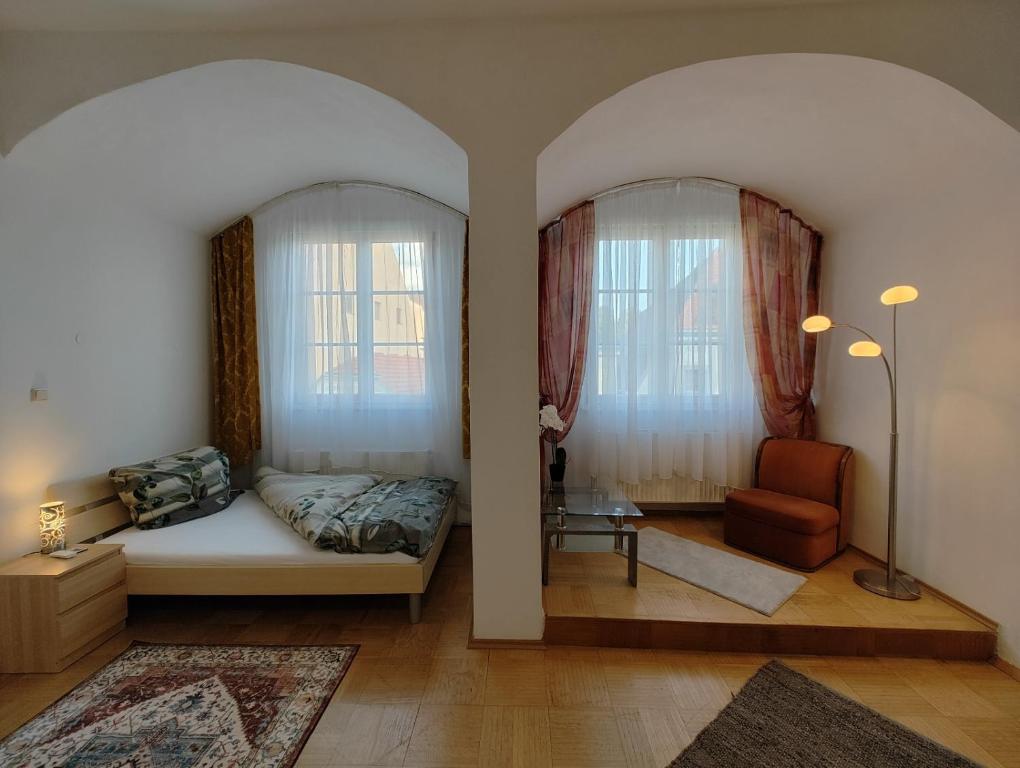 a bedroom with two windows and a bed and a chair at Altstadtparee in Steyr