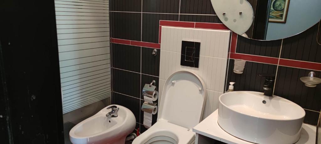La salle de bains est pourvue de toilettes et d'un lavabo. dans l'établissement TopRoom, à Niš