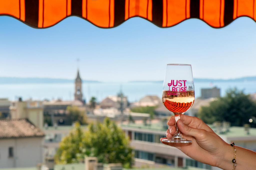une personne tenant un verre de vin dans l'établissement le Cadet - vue panoramique ville et baie de SANARY SUR MER, parking & terrasse - 2 à 4 pers, à Sanary-sur-Mer