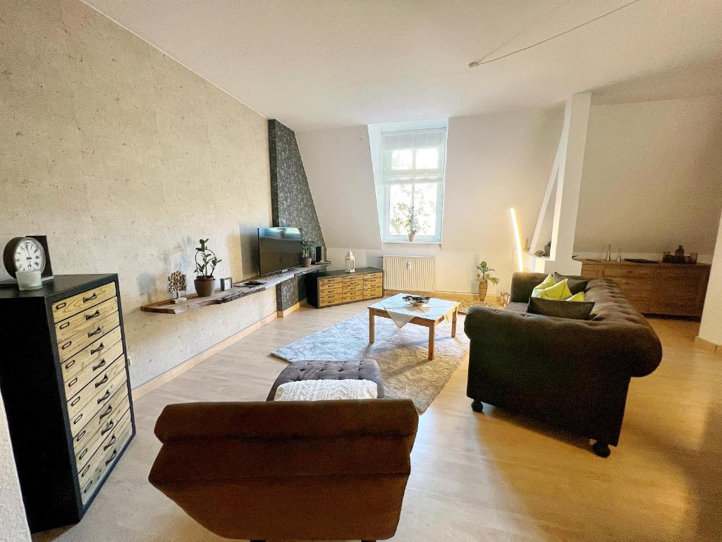 ein Wohnzimmer mit 2 Sofas und einem Tisch in der Unterkunft Atelierwohnung mit Parkblick in Erfurt