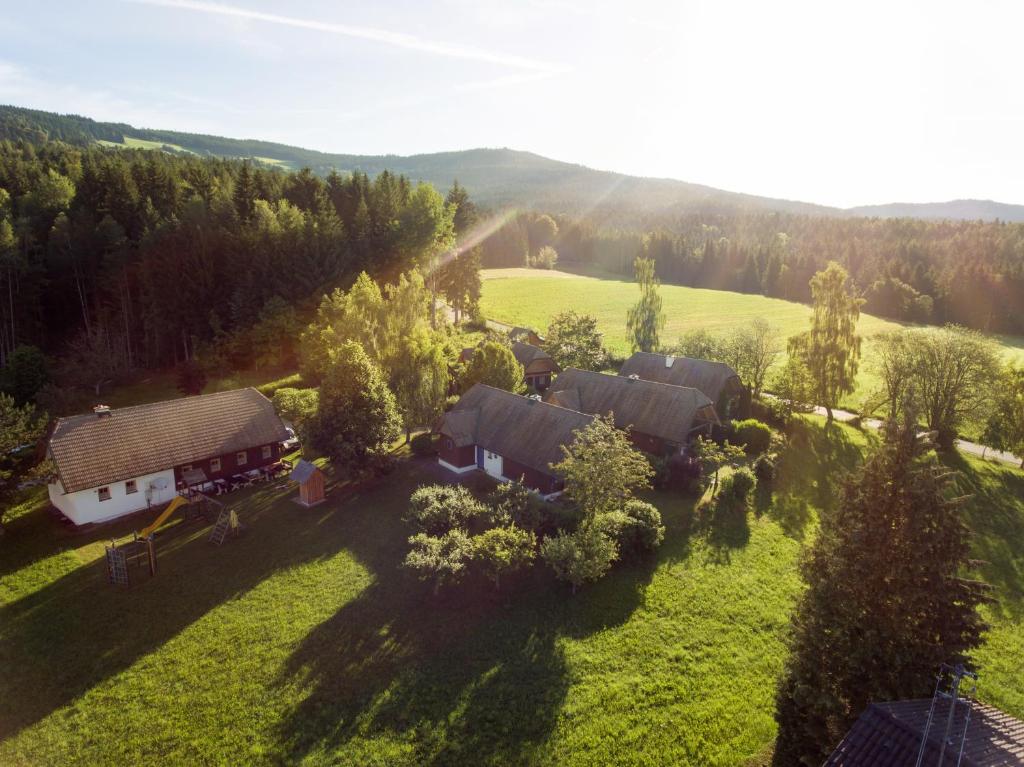 une vue aérienne sur une ferme avec des maisons et des arbres dans l'établissement Ferienhäuser Paunger, à Miesenbach