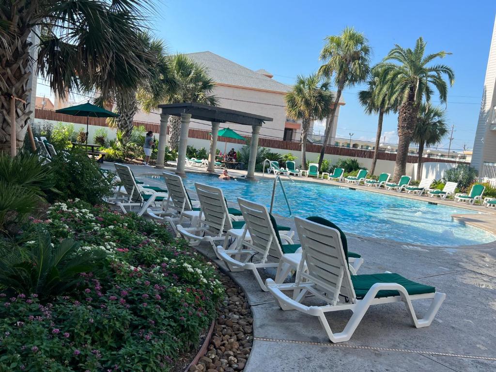a row of lounge chairs next to a swimming pool at Ocean view and family vacation at Casa Del Mar in Galveston