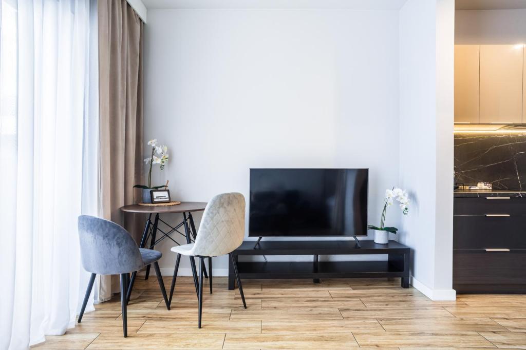 Televízia a/alebo spoločenská miestnosť v ubytovaní Apartamenty Ceglana Park -parking w hali garażowej- piękne nowe osiedle