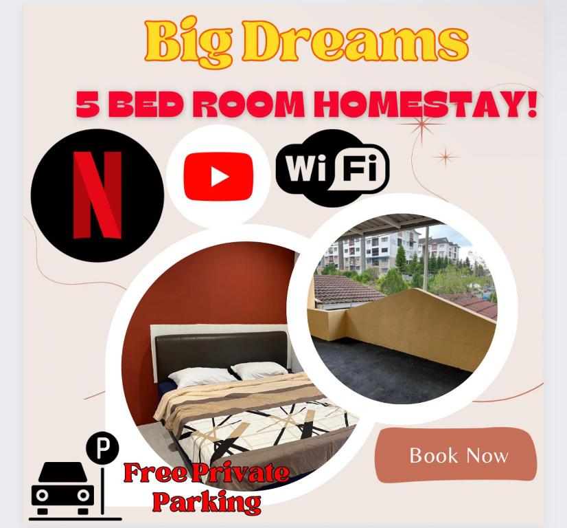 a flyer for a bedroom with a bed and a box at Big Dreams Double Story House in Tanah Rata