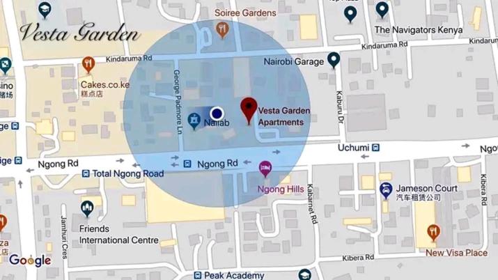Un mapa del campus del Vaticano con indicadores en Vesta gardens, en Nairobi