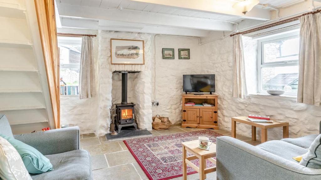 a living room with a fireplace and a tv at Frog Cottage in Llanmadoc