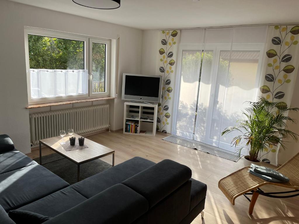 uma sala de estar com um sofá e uma televisão em Ferienwohnung in ruhiger Lage em Thurnau