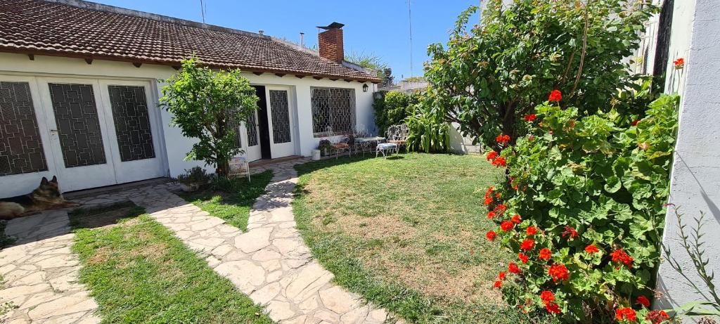 un jardin avec des fleurs rouges et une maison dans l'établissement Monoambiente Cañuelas Centro calle Principal hasta 4 personas, à Cañuelas