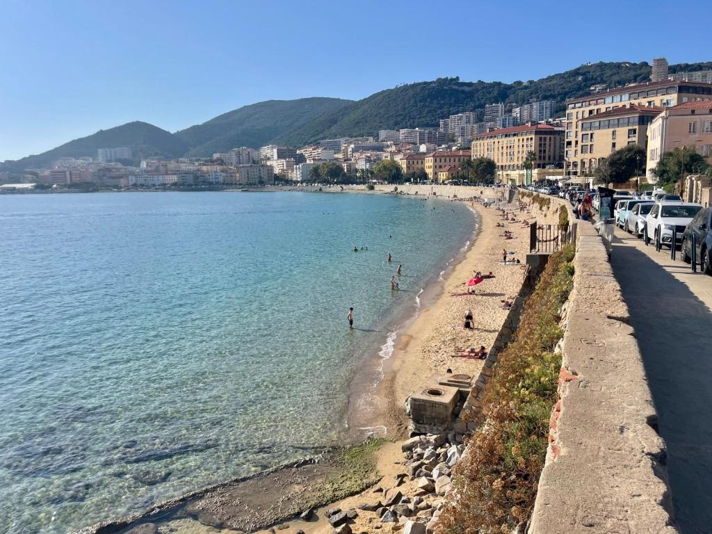 - une vue sur la plage avec des gens dans l'eau dans l'établissement Grands T2 Cours Napoleon, à Ajaccio