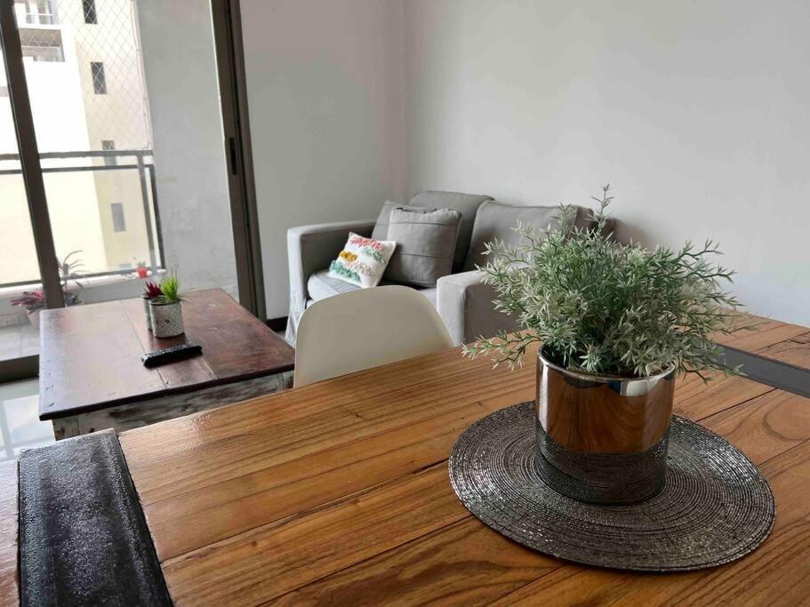 uma sala de estar com uma mesa com um vaso de plantas em Departamento para dos personas- Barrio Camba Cua em Corrientes