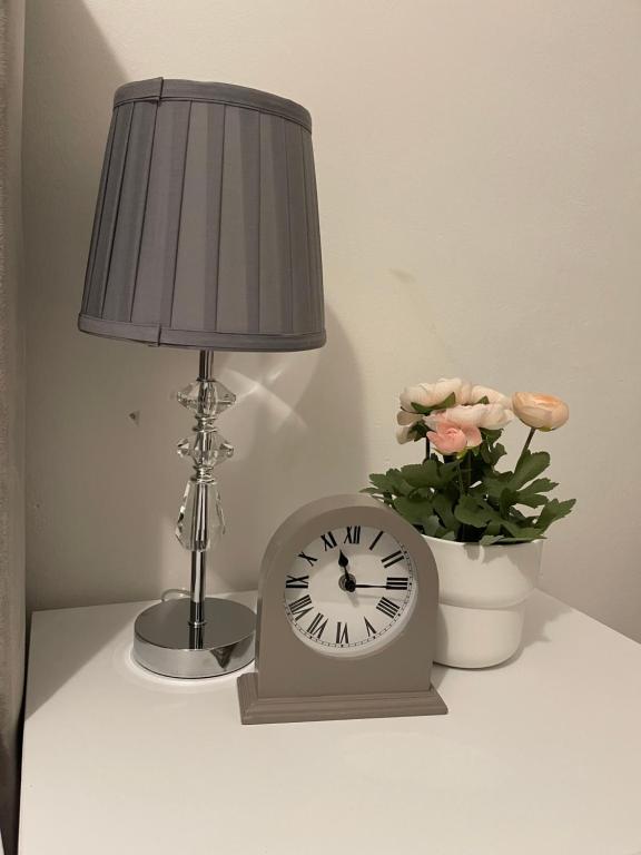 a lamp and a clock on a table with a plant at Divine Room in London