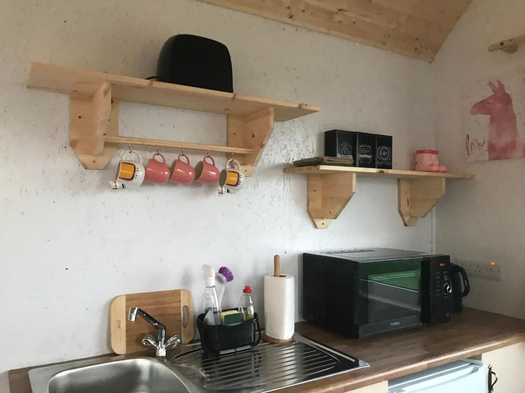 Dapur atau dapur kecil di The Lazy Llama Farm Stay Shepherd Hut
