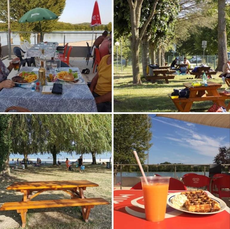 a collage of pictures of a picnic table with food and drinks at Grand chalet en bois climatisé avec vue sur le lac in Saramon