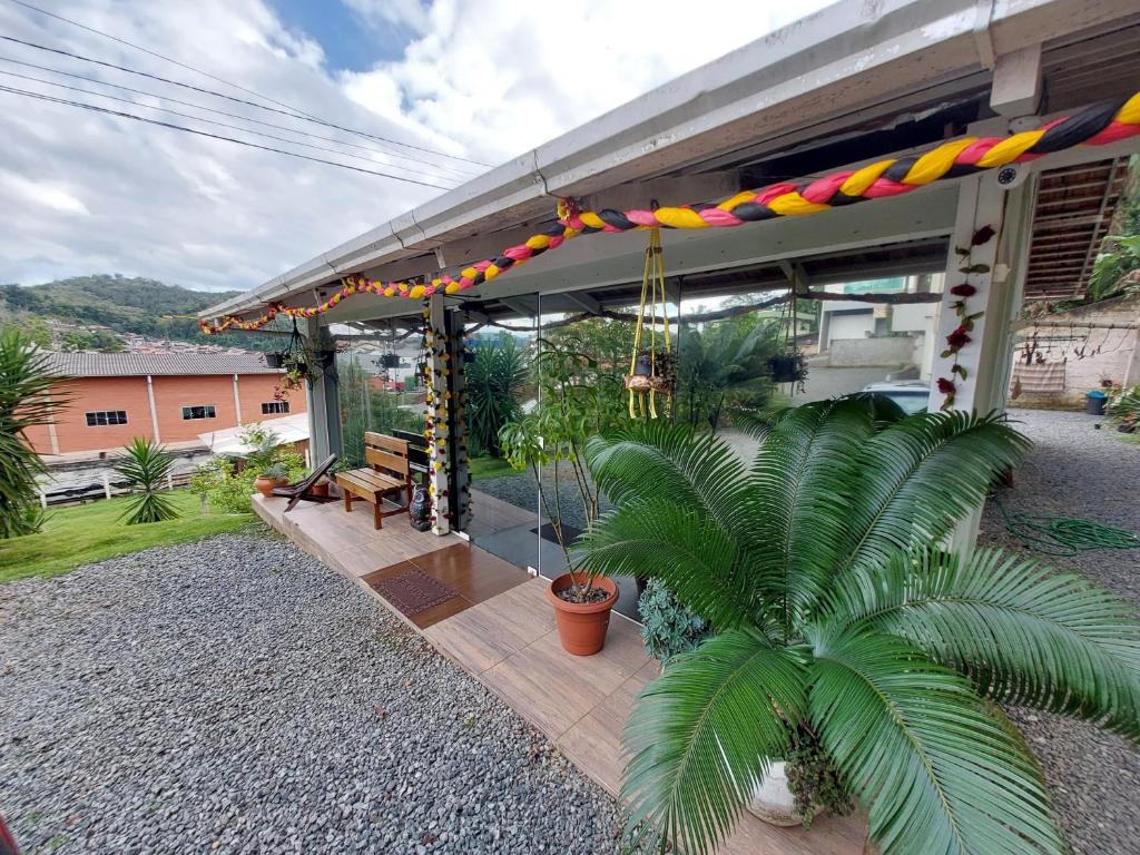 a house with a patio with a palm tree at Harmonia Haus in Blumenau