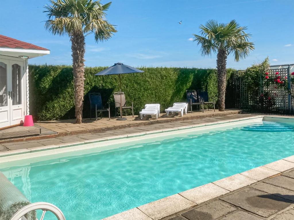 a swimming pool with palm trees in a yard at Havre De Calme in Halstead