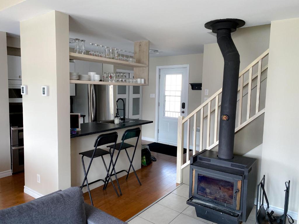 a living room with a fireplace and a stove at Les Condos de la Montagne 2 in Beaupré