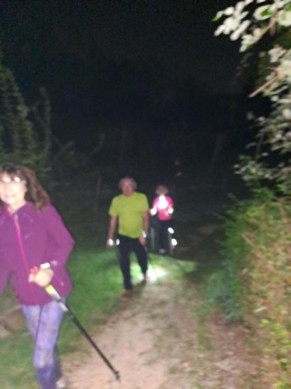 2 personnes marchant sur un chemin de terre la nuit dans l'établissement Locazione turistica la casetta, à Conegliano