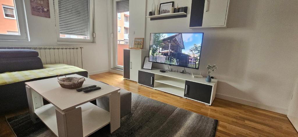 - un salon avec une grande télévision à écran plat dans l'établissement AVA Apartment Istočno Sarajevo, à Lukavica