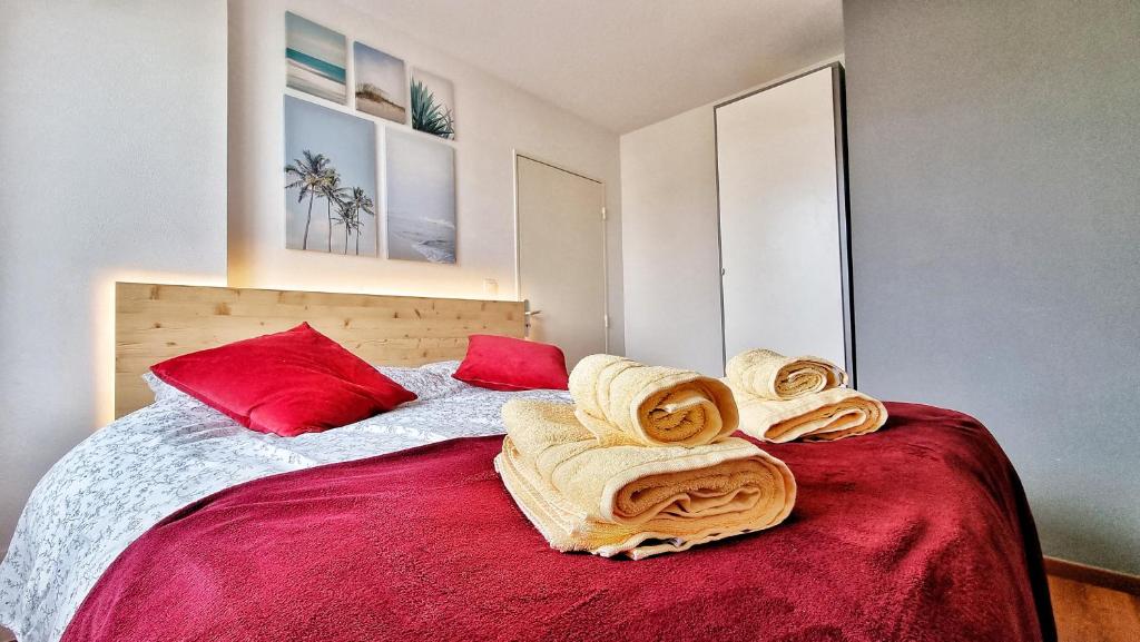 a bedroom with a large bed with red pillows at ☆ Le Nid de Coton ☆ Balcon ☆ Calme ☆ Fibre ☆ Relax BNB ☆ in Pfastatt