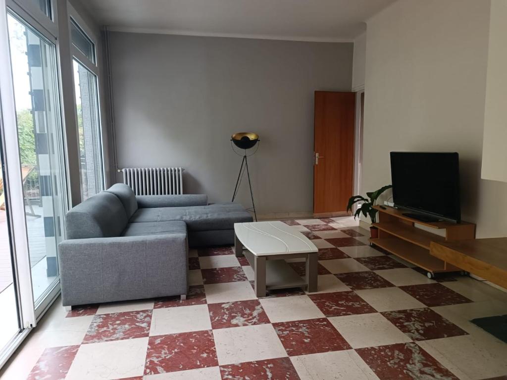a living room with a couch and a tv at Appartement spacieux in Montreuil