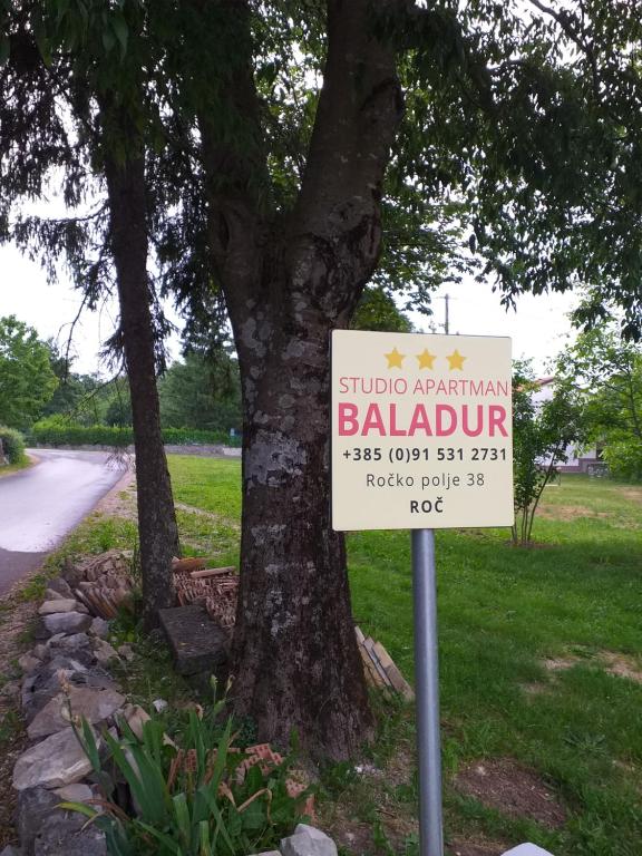 a sign in front of a tree next to a street at Apartman studio Baladur in Roč