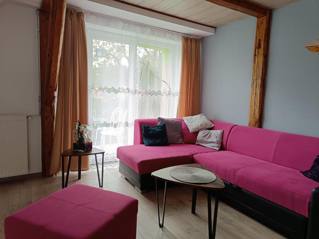 a living room with a pink couch and a window at Farcik Apartament in Nowa Wieś