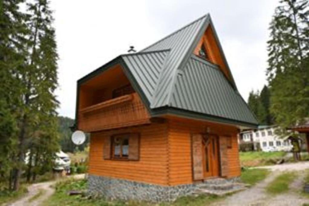 une petite maison en bois avec un toit en métal dans l'établissement Chata Erika, à Pusté Pole