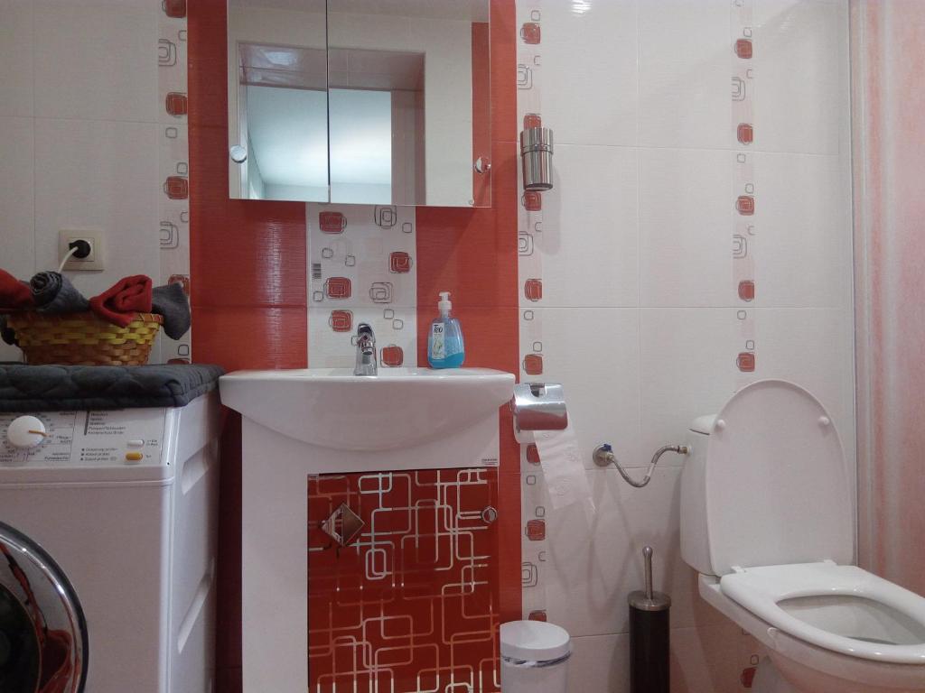 een kleine badkamer met een wastafel en een toilet bij Rose Valley Guests room in Kazanlik