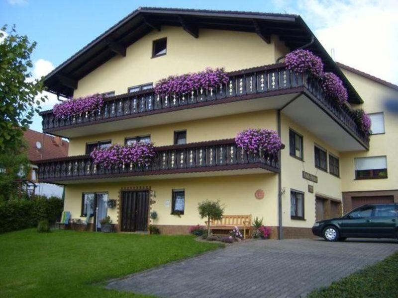 un bâtiment avec des fleurs violettes sur un balcon dans l'établissement Pension Am Limespfad, à Hesseneck