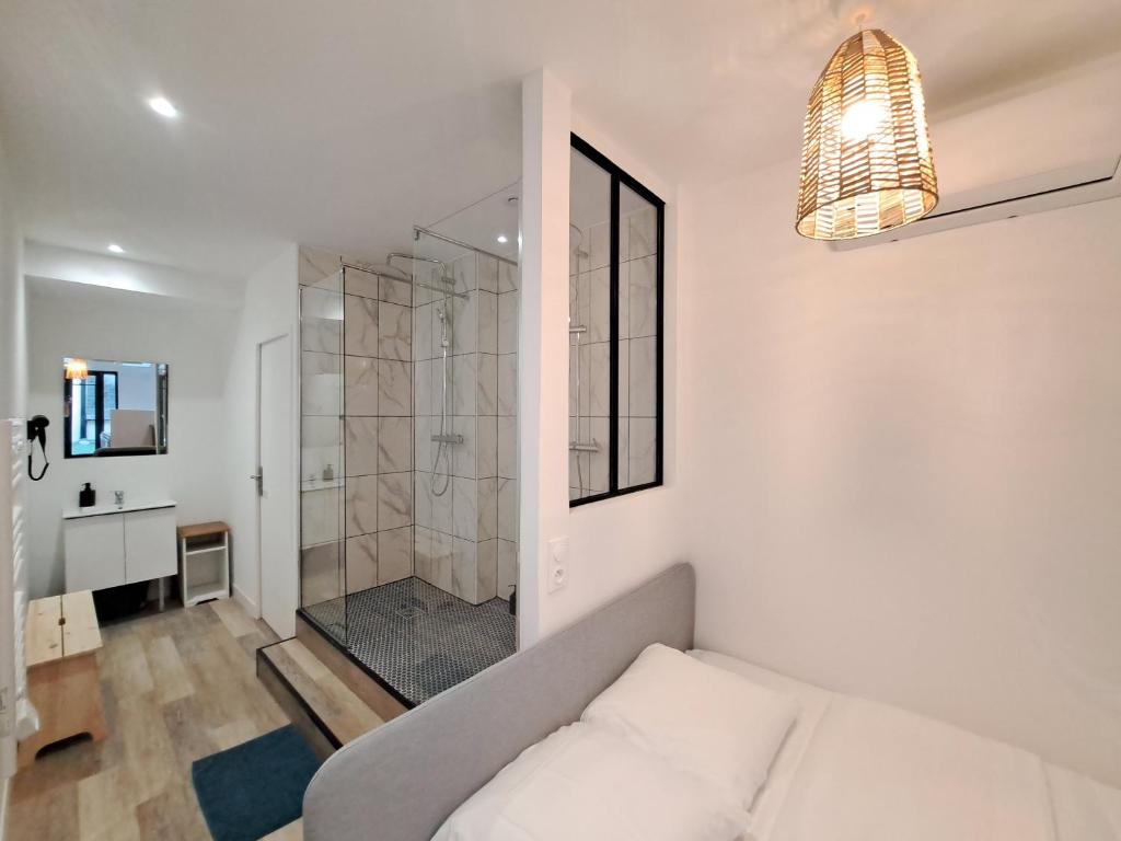 a living room with a couch and a shower at Maputo - Appartement climatisé in Reims